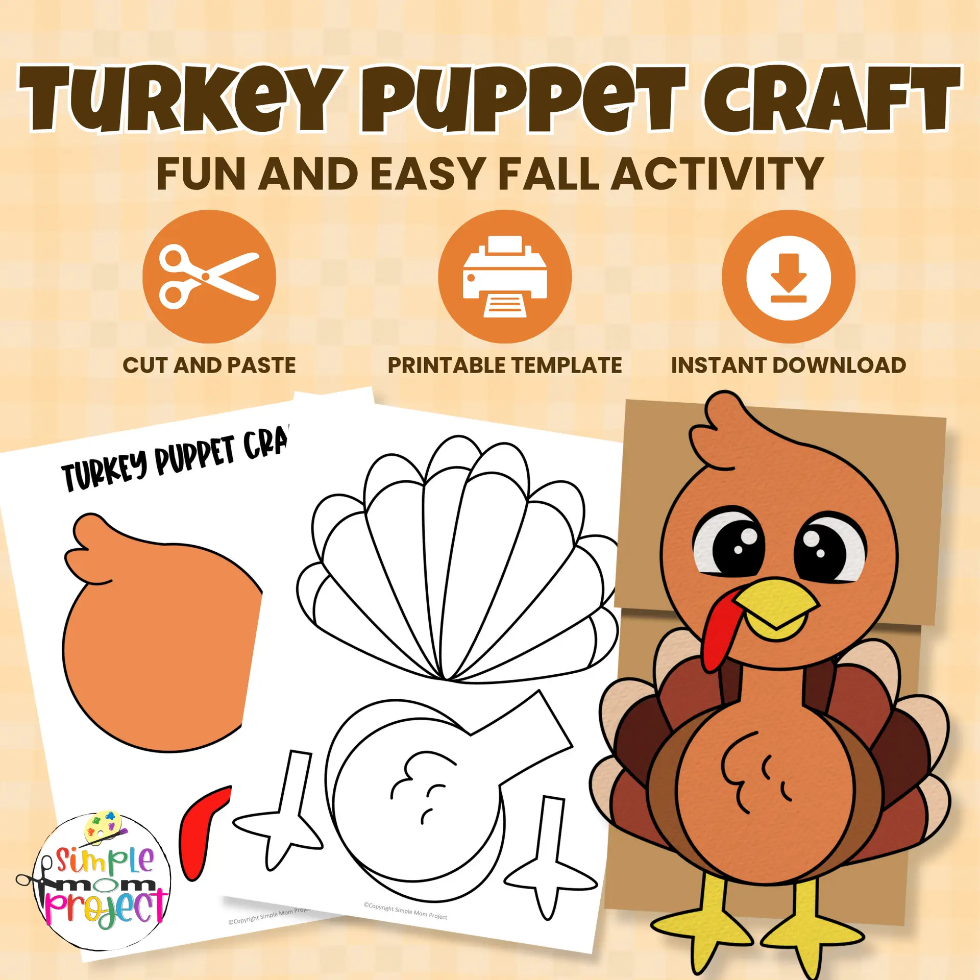 turkey paper bag puppet – printable craft template for kids